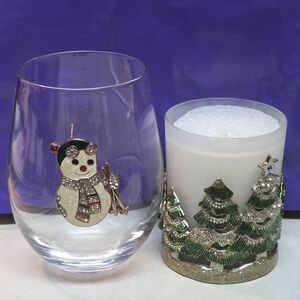 Bebe Stemless Snowman Wine Glass & A Metal Based Xmas Tree Candle Set